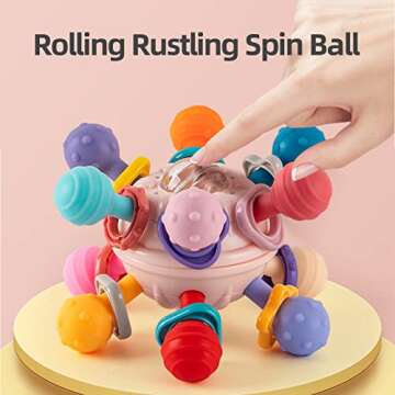 Baby Sensory Teething Toys, Atomic Ball Chew Toys Rattle & Teether Grasping Activities Infant Toy for 0 6 12 Months Boys & Girls Gift(Pink)