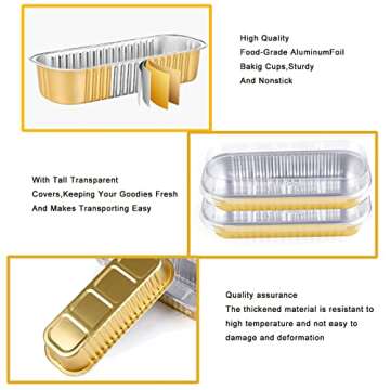 Merkaunis 50 Sets Aluminum Foil Pans with Lid,Mini Loaf Pans,Rectangle Aluminum Foil Baking Pans Tins Containers for Ramekins Cupcakes Brownie Cake Bread-Gold