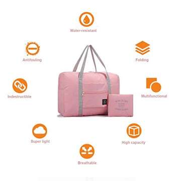 (2 Pack) Foldable Travel Duffel Bag, Waterproof Carry On Luggage Bag, Lightweight Travel Luggage Bag for Sports, Gym, Vacation (Light blue & Light pink)