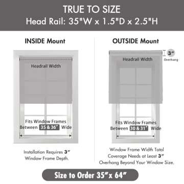 Madison Park Galen Cordless Roman Shades - Fabric Privacy Single Panel Darkening, Energy Efficient, Thermal Insulated Window Blind Treatment, for Bedroom, Living Room Decor, 35" x 64", Grey