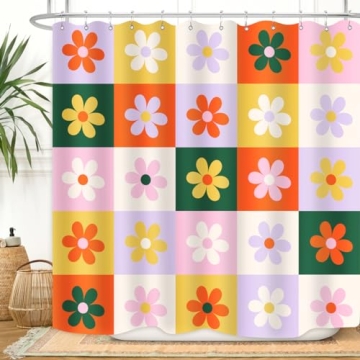 ZXMBF Retro Flower Checkered Shower Curtain - Funky & Colorful Bathroom Decor