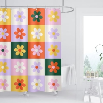 ZXMBF Retro Flower Checkered Shower Curtain for Aesthetic Bathrooms