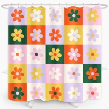 ZXMBF Retro Flower Checkered Shower Curtain for Aesthetic Bathrooms