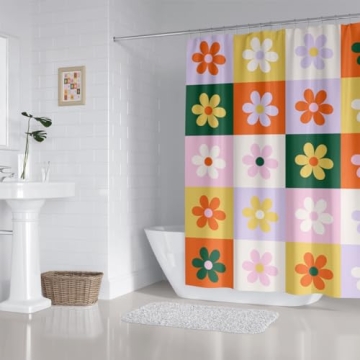 ZXMBF Retro Flower Checkered Shower Curtain for Aesthetic Bathrooms