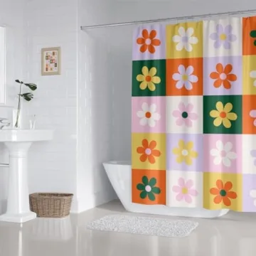ZXMBF Retro Flower Checkered Shower Curtain for Aesthetic Bathrooms