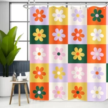 ZXMBF Retro Flower Checkered Shower Curtain for Aesthetic Bathrooms