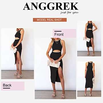 ANGGREK Women's Summer Sleeveless Cut Out Midi Bodycon Dresses Crew Neck Side Slit Ribbed Knit Dress(X-Small,1-Black)