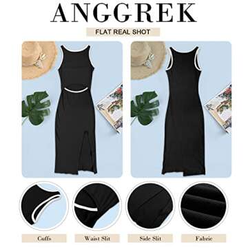 ANGGREK Women's Summer Sleeveless Cut Out Midi Bodycon Dresses Crew Neck Side Slit Ribbed Knit Dress(X-Small,1-Black)