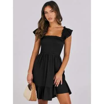 ANRABESS Women's Summer Casual Sleeveless Square Neck Dress 2025 Smocked Ruffle Backless Boho Beach Cute Teen Short Sundress Black Medium