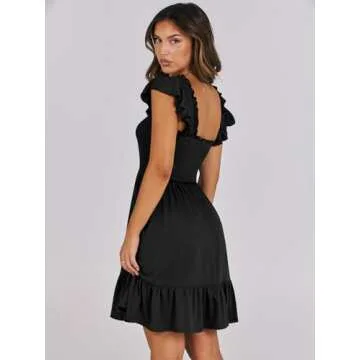 ANRABESS Women's Summer Casual Sleeveless Square Neck Dress 2025 Smocked Ruffle Backless Boho Beach Cute Teen Short Sundress Black Medium