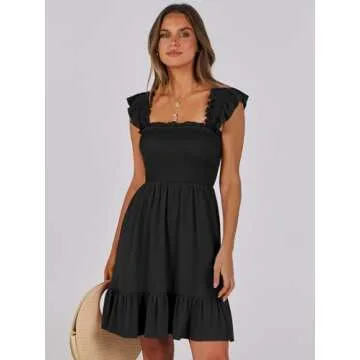 ANRABESS Women's Summer Casual Sleeveless Square Neck Dress 2025 Smocked Ruffle Backless Boho Beach Cute Teen Short Sundress Black Medium