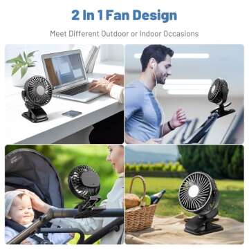 Portable Clip on Fan, 360° Rotate Battery Operated Stroller Fan, 3 Speed Quiet Mini Personal Desk Fan, USB Rechargeable Clooing Fan for Outdoor Camping Golf Cart Stroller Home Office Black