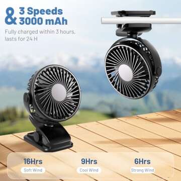 Portable Clip on Fan, 360° Rotate Battery Operated Stroller Fan, 3 Speed Quiet Mini Personal Desk Fan, USB Rechargeable Clooing Fan for Outdoor Camping Golf Cart Stroller Home Office Black