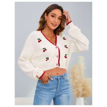 MakeMeChic Women's Cherry Embroidery V Neck Cute Cardigan Long Sleeve Button Down Knit Crop Outerwear Multicolor Medium
