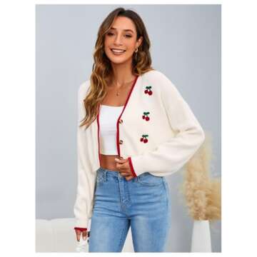 MakeMeChic Women's Cherry Embroidery V Neck Cute Cardigan Long Sleeve Button Down Knit Crop Outerwear Multicolor Medium