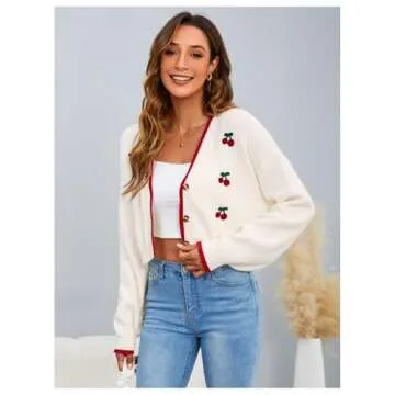 MakeMeChic Women's Cherry Embroidery V Neck Cute Cardigan Long Sleeve Button Down Knit Crop Outerwear Multicolor Medium