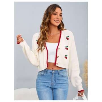MakeMeChic Women's Cherry Embroidery V Neck Cute Cardigan Long Sleeve Button Down Knit Crop Outerwear Multicolor Medium