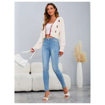 MakeMeChic Women's Cherry Embroidery V Neck Cute Cardigan Long Sleeve Button Down Knit Crop Outerwear Multicolor Medium