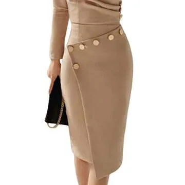 Lrady Women's Deep V Neck Casual Work Bodycon Long Sleeve Party Pencil Midi Dress, Khaki, Medium