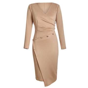 Lrady Women's Deep V Neck Casual Work Bodycon Long Sleeve Party Pencil Midi Dress, Khaki, Medium