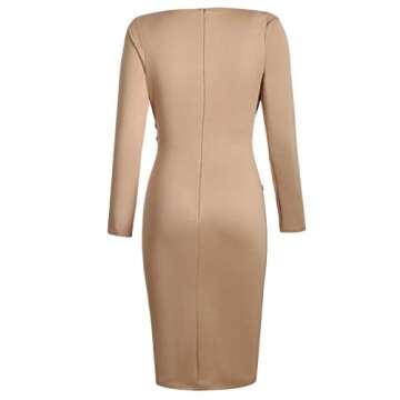 Lrady Women's Deep V Neck Casual Work Bodycon Long Sleeve Party Pencil Midi Dress, Khaki, Medium