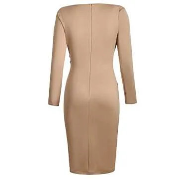 Lrady Women's Deep V Neck Casual Work Bodycon Long Sleeve Party Pencil Midi Dress, Khaki, Medium
