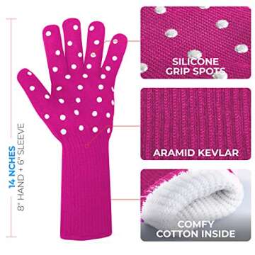 Beets & Berry Oven Gloves Heat Resistant Baking Gloves 1 Pair Oven Mitts Cut Resistant Cooking Gloves with Extra Long Sleeve & Silicone Non-Slip (Fuchsia Pink)