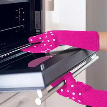 Beets & Berry Oven Gloves Heat Resistant Baking Gloves 1 Pair Oven Mitts Cut Resistant Cooking Gloves with Extra Long Sleeve & Silicone Non-Slip (Fuchsia Pink)