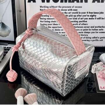 LANTIM Makeup Travel Bag Cosmetic Bag, PU Leather Bright Quilted Toiletry Bag for Women Large Capaci...