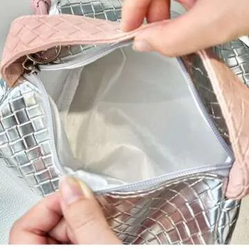 LANTIM Makeup Travel Bag Cosmetic Bag, PU Leather Bright Quilted Toiletry Bag for Women Large Capacity Make Up Organizer Dorm Room Essentials (Silver)