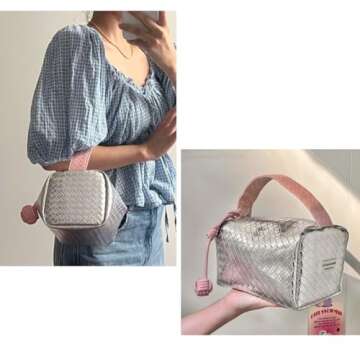 LANTIM Makeup Travel Bag Cosmetic Bag, PU Leather Bright Quilted Toiletry Bag for Women Large Capacity Make Up Organizer Dorm Room Essentials (Silver)