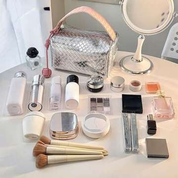 LANTIM Makeup Travel Bag Cosmetic Bag, PU Leather Bright Quilted Toiletry Bag for Women Large Capacity Make Up Organizer Dorm Room Essentials (Silver)