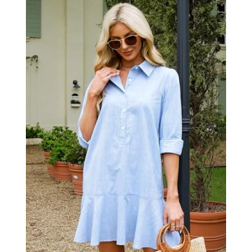 YEXPINE Women's Tunic Shirt Mini Dress Long Sleeve Cotton Short Dress Button Up Ruffle Hem Shift Dresses Blue