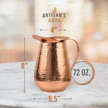 Artisan’s Anvil Copper Pitcher w/Copper Handle and Lid, Pure 100% Hammered Vessel, Heavy Duty Copper Jug, Handmade, 70 fl. Oz, Best for Water, Ayurveda, Moscow Mule, Cocktails