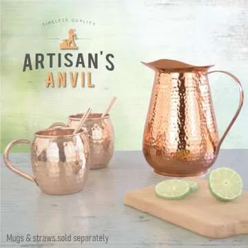 Artisan’s Anvil Copper Pitcher w/Copper Handle and Lid, Pure 100% Hammered Vessel, Heavy Duty Copper Jug, Handmade, 70 fl. Oz, Best for Water, Ayurveda, Moscow Mule, Cocktails
