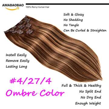 AMABAOBAO 14 Inch Hair Extensions Clip in Human Hair Straight Long Remy Hair Extensions Clip In 7 Pcs 120 Grams Hair Extensions Human Hair Color Chocolate Brown mixed Caramel Blonde #4/27/4