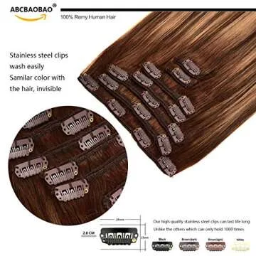 AMABAOBAO 14 Inch Hair Extensions Clip in Human Hair Straight Long Remy Hair Extensions Clip In 7 Pcs 120 Grams Hair Extensions Human Hair Color Chocolate Brown mixed Caramel Blonde #4/27/4