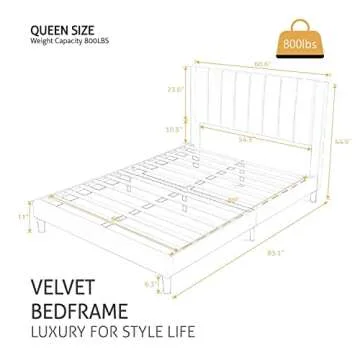 SHA CERLIN Queen Bed Frame/Velvet Upholstered Platform Bed Frame with Headboard/Strong Wood Slats Su...