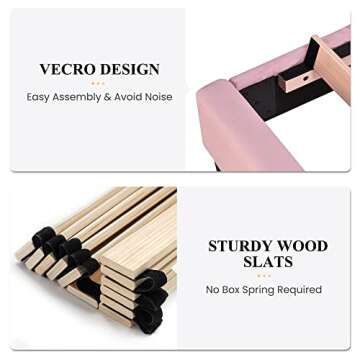 SHA CERLIN Queen Bed Frame/Velvet Upholstered Platform Bed Frame with Headboard/Strong Wood Slats Support/Mattress Foundation/No Box Spring Needed - Pink
