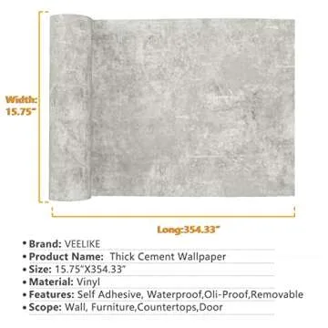VEELIKE 15.7''x354'' Concrete Contact Paper for Countertops Waterproof Light Concrete Wallpaper Text...