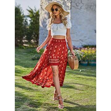 BTFBM Women 2025 Summer Spring Boho Long Skirts Dress Floral Print Elastic Waist Split Ruffle High L...