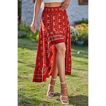 BTFBM Women 2025 Summer Spring Boho Long Skirts Dress Floral Print Elastic Waist Split Ruffle High Low Beach Maxi Skirt(X - Floral Red, Small)