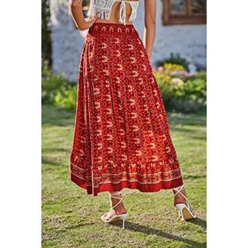 BTFBM Women 2025 Summer Spring Boho Long Skirts Dress Floral Print Elastic Waist Split Ruffle High Low Beach Maxi Skirt(X - Floral Red, Small)