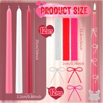 Conelist 12 Set Pink Bow Party Suppies Coquette Pink Bow Candles Valentine's Day Taper Candles Stick...