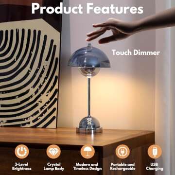 Huga Collective Crystal Flowerpot Table Lamp (Chrome Crystal) | Portable Cordless Mushroom Lamp | Mushroom Lamp Cordless | Touch-Enabled Nordic Lamp | Portable Art Deco Lamp