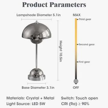 Huga Collective Crystal Flowerpot Table Lamp (Chrome Crystal) | Portable Cordless Mushroom Lamp | Mushroom Lamp Cordless | Touch-Enabled Nordic Lamp | Portable Art Deco Lamp