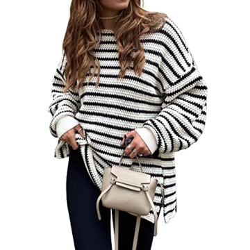 KIRUNDO Women's 2025 Fall Winter Oversized Long Sleeve Striped Sweater Casual Crewneck Side Split Pu...