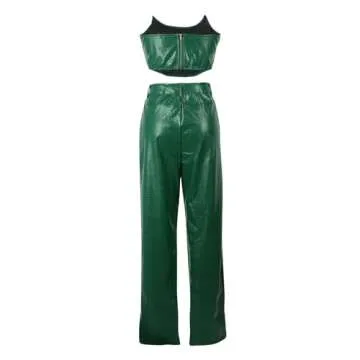 WOKANSE Women's Sexy PU Faux Leather 2 Piece Outfits Tube Crop Tops and Casual Straight Leg Trousers Long Pants Set Green S