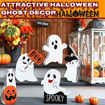 5 Pcs Halloween Cute Ghost Decor Halloween Wooden Tiered Tray Decor Black Witch Boo Spooky Signs Pum...