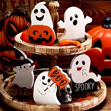 5 Pcs Halloween Cute Ghost Decor Halloween Wooden Tiered Tray Decor Black Witch Boo Spooky Signs Pumpkin Fall Blocks for Rustic Party Home Shelf Display(Cute Style)